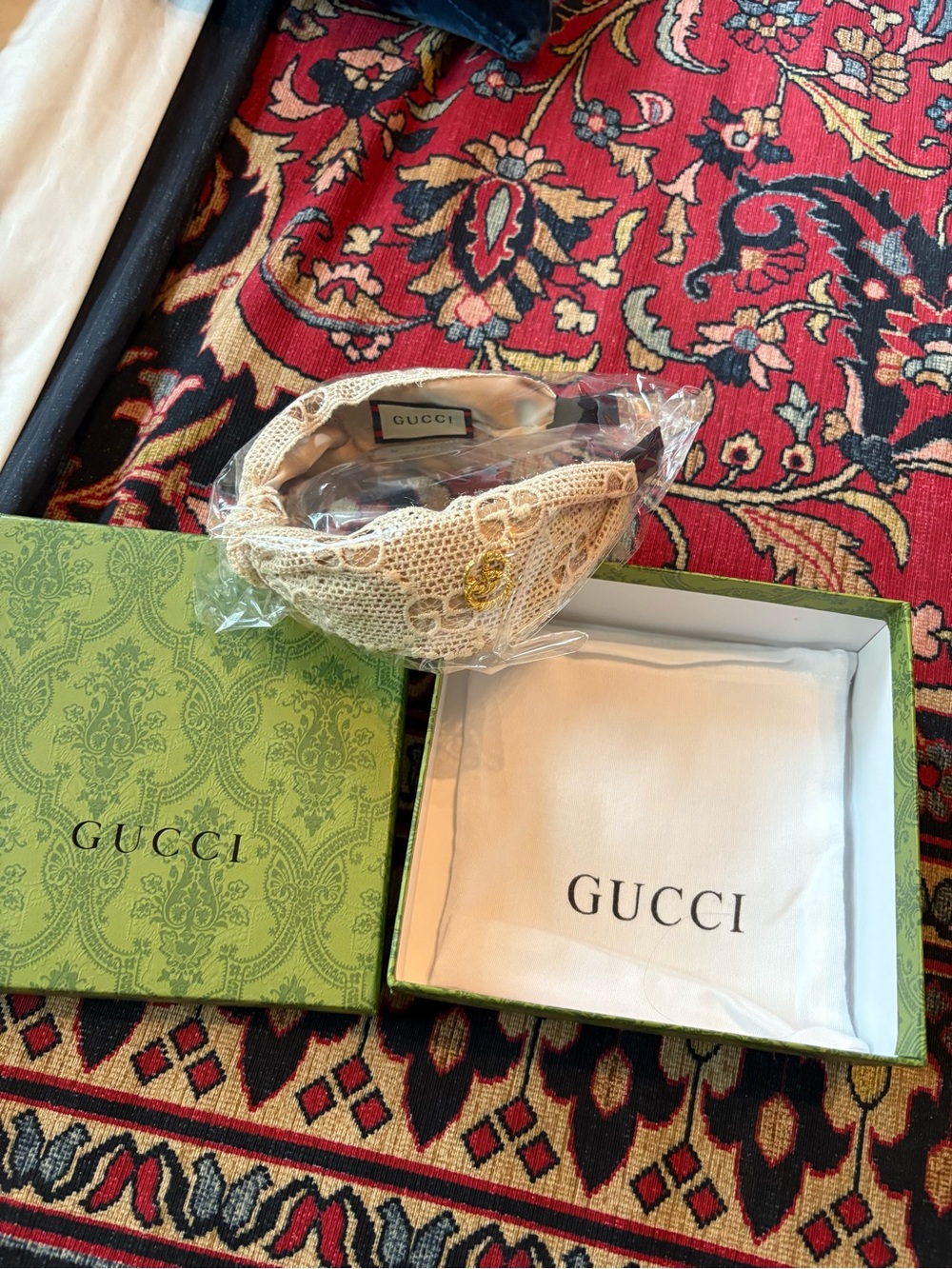 VIP GIFT. Gucci Cream Crochet Headband with Gold Logo Detail